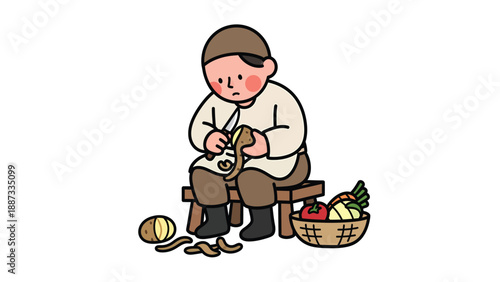 Medieval Peasant Peeling Potatoes - Historical Illustration