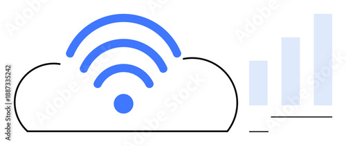 Cloud connectivity concept. Cloud technology with wireless signal lines and increasing data bars. Connectivity supporting wireless networks, cloud storage, and data management. For IT, analytics