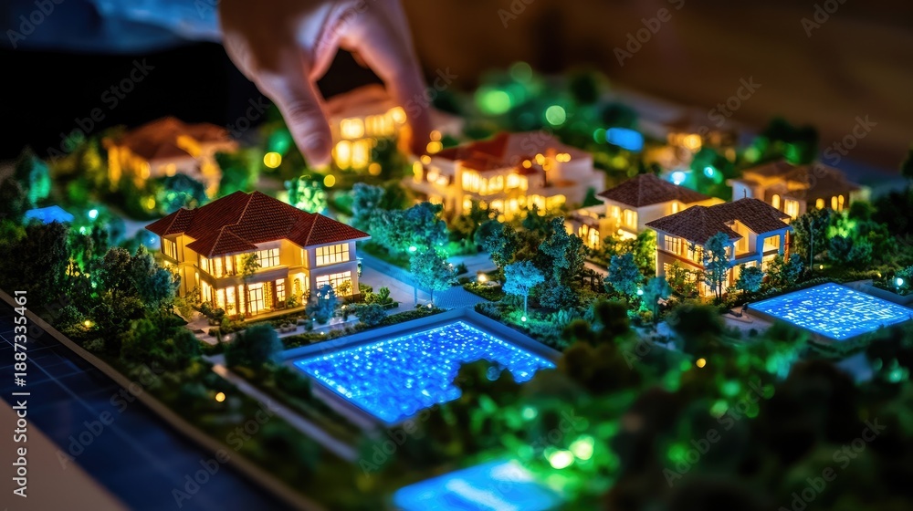 Obraz premium Illuminated miniature model of a residential community at night.