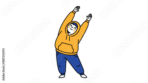 Happy person in yellow hoodie stretching, doing a side bend. Simple illustration of exercise, flexibility, and wellness.