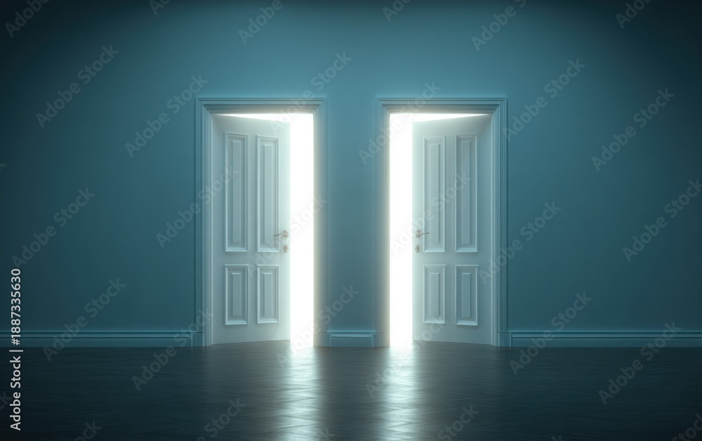 Fototapeta premium Two white doors open with bright light streaming through in a dimly lit room