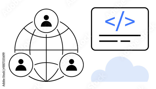 Team collaboration, cloud computing, software development, coding education, global connectivity, technology. Icons of people, code and a cloud. Team collaboration and cloud computing concept