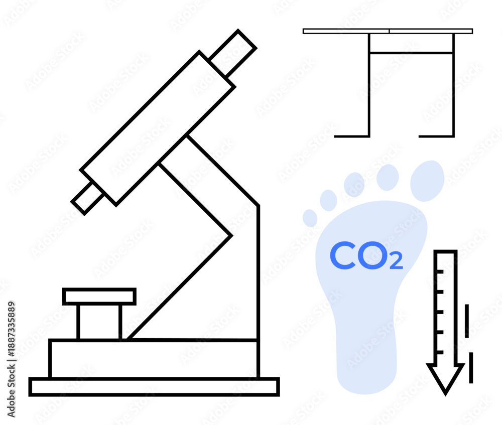 Obraz premium Environmental research, sustainability, carbon footprint, emissions analysis, science education, climate change. Microscope, CO2 text within a footprint and related symbols. Environmental research