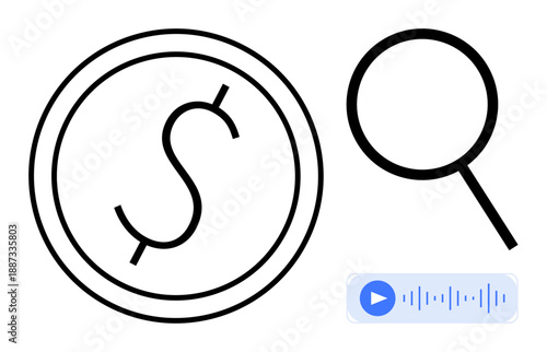 Dollar sign in coin, magnifying glass for focus, and audio waveform for analysis. Ideal for finance, research, technology, data, podcast banking and marketing themes. Simple flat metaphor