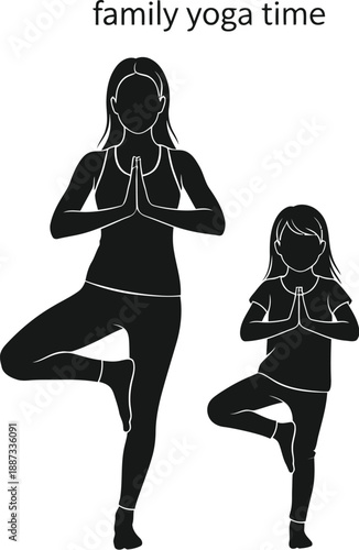Serene family time silhouette of mother and daughter practicing yoga together in a peaceful outdoor setting illustration