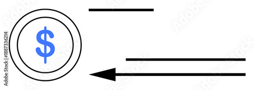 Payment process. Illustration of payment flow with dollar symbol and directional arrows indicating transfer. Payment process for digital banking, financial tools, online transactions, currency