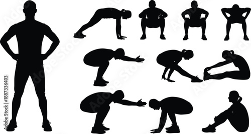 Silhouette fitness exercise set showing human squat, stretch, and warm-up poses, isolated on white background for workout, training, and wellness concepts design use