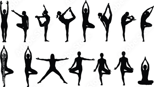 Yoga silhouettes showing men and women practicing different poses isolated on white background representing fitness, balance, meditation, flexibility and healthy lifestyle concept