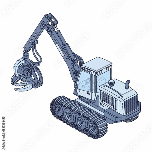Heavy Duty Forestry Grapple Excavator Machine Illustration.