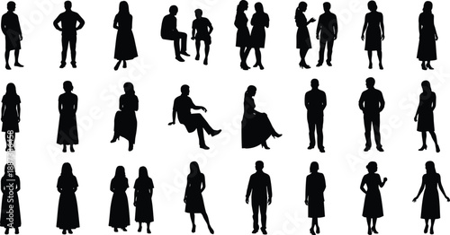Set of diverse human silhouettes in standing, sitting and walking poses isolated on white background, representing people, crowd, lifestyle and social interaction concepts