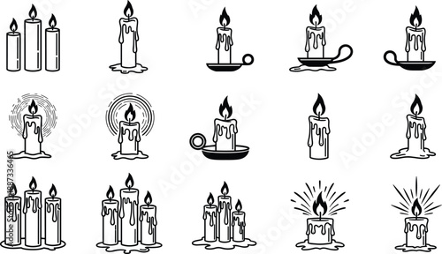 Vintage candle icon set featuring hand drawn black and white wax candles flames drips symbols for holiday spirituality decor and graphic design