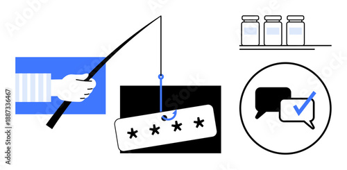 Fishing hand with baited password, message security checkmark, medicine vials. Ideal for data protection, online security, phishing awareness, email security, healthcare IT, privacy simple flat
