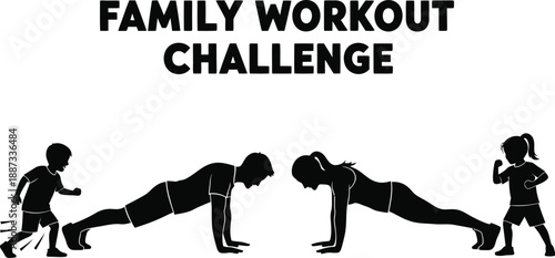 Family Time Silhouette Fitness Activity Illustration with Parents and Children Exercising Together at Home