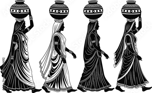 Traditional tribal women silhouette carrying pots on heads, ethnic cultural procession, black vector illustration representing heritage, rural life, folklore, and indigenous community lifestyle 