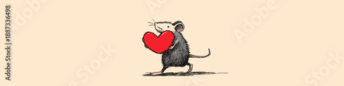 Cartoon gray rat running with a large red heart on a solid red background. Cute gray rat carrying red heart running