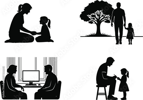 Black family silhouette icon set showing parents and children bonding, parenting care, relationships and everyday moments, minimal design symbols for social, education, and lifestyle concepts