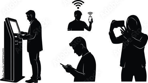 Black silhouette people using modern technology icons showing ATM transaction, smartphone communication, mobile internet, and digital lifestyle activities, minimal design symbols for fintech, banking,