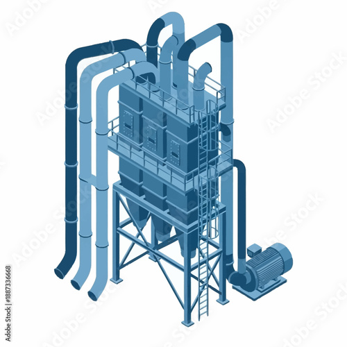 Industrial Dust Collector System with Cyclone Separators and Fan.