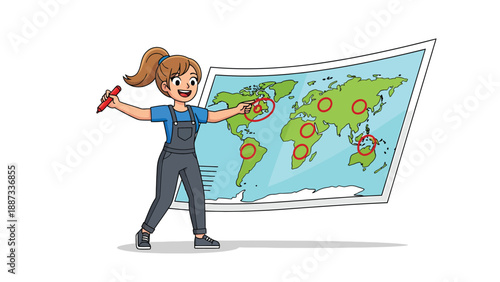 Woman Pointing at World Map: Travel Planning and Destination Selection