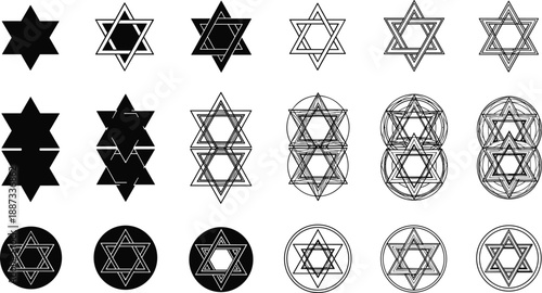 Collection of sacred geometry star and hexagram symbols, black vector illustrations showing spiritual, esoteric, mystical patterns, mandala designs, and abstract geometric icon sets
