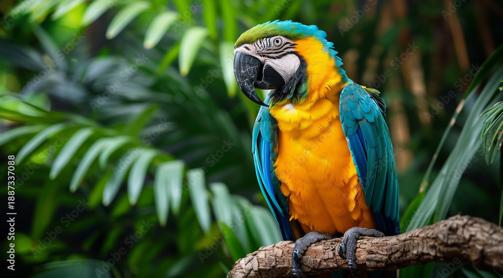 Obraz premium A vibrant blue and yellow parrot perched on a tree branch in a lush tropical forest