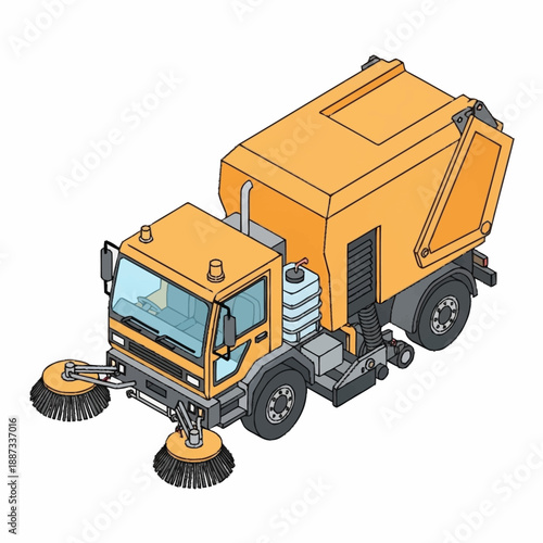 Isometric Illustration of a Yellow Street Sweeper Truck.