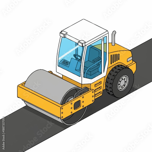 Isometric Yellow Road Roller Compactor Machine on Asphalt.