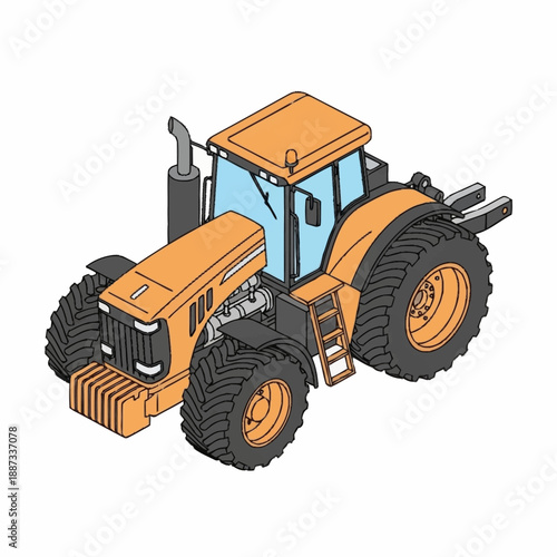 Orange Tractor Illustration Isometric View Agricultural Vehicle.