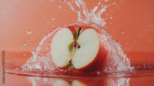 A halved  with splashing water on a coral background.