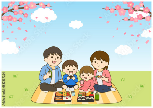 青空と桜の下でお花見をする家族｜春の爽やかイラスト