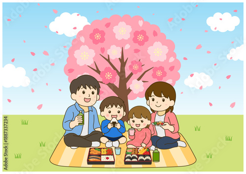 一本桜の下でお花見をする家族｜春のメインビジュアル