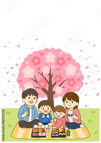 一本桜の下でお花見をする家族｜春のメインビジュアル