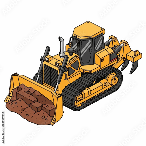 Yellow bulldozer with a full bucket of dirt.