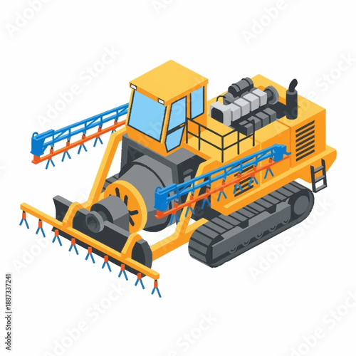 Yellow Crawler Sprayer Machine with Boom Arms.