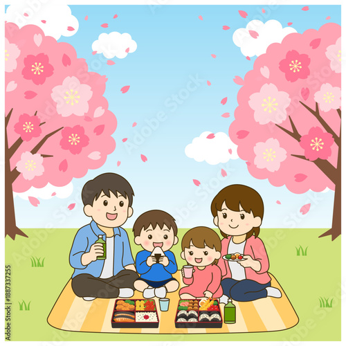 お花見を楽しむ家族のイラスト｜正方形・春のピクニック・桜背景