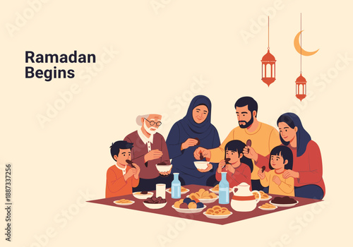 A heartwarming illustration depicts a multigenerational family sharing a meal during Ramadan. Ideal for seasonal greetings, faith-based content, and c