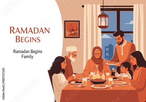 A warm illustration depicting a woman at a family meal, celebrating the beginning of Ramadan. Perfect for seasonal greetings, religious observances, a