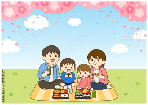 青空と桜の下でお花見をする家族｜春の爽やかイラスト