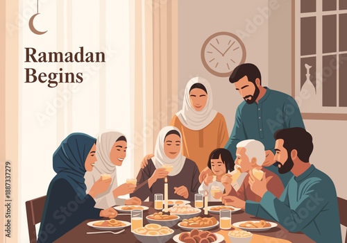 A heartwarming illustration depicting a family breaking their fast during Ramadan. Ideal for religious holidays, cultural events, or conveying themes 