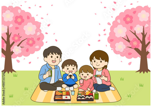 お花見を楽しむ家族のイラスト｜春のピクニック・桜背景