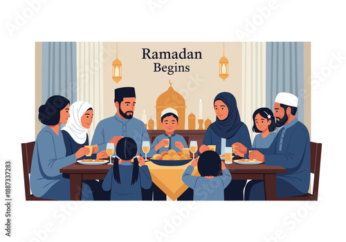 A heartwarming illustration of a family breaking their fast during Ramadan. Ideal for content representing traditions, togetherness, and cultural cele