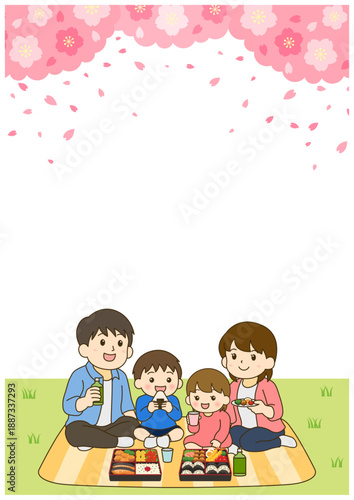 春のお花見をする家族｜縦長レイアウト・余白ありイラスト