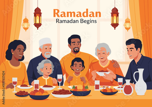 Warm illustration of a multi-generational family enjoying an Iftar meal during Ramadan. Perfect for seasonal greetings, cultural celebrations, and fes
