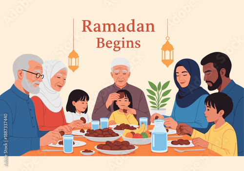A heartwarming illustration of a multi-generational family sharing a meal during Ramadan. Perfect for concepts of faith, togetherness, and cultural ce