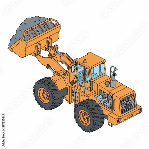 Yellow Wheel Loader Vehicle Carrying Rocks in Bucket.