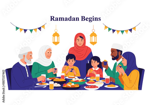 A heartwarming illustration of a family breaking their fast during Ramadan. Perfect for representing togetherness, tradition, and the spirit of the ho
