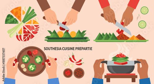 A vibrant overhead view of ingredients being prepared for a Southeast Asian meal. Perfect for food blogs, restaurant menus, or culinary themed marketi