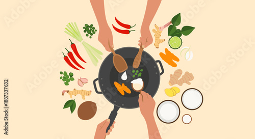 A vibrant, flat-lay illustration showcasing fresh ingredients falling into a cooking pan. Perfect for food blogs, recipes, or illustrating healthy coo