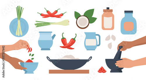 A vibrant illustration depicting hands seasoning food with chili peppers. Ideal for recipes, food blogs, or representing culinary experiences and fres