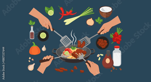 A vibrant flat lay showcasing fresh ingredients for flavorful cooking. Perfect for illustrating recipes, food blogs, or culinary-themed marketing mate